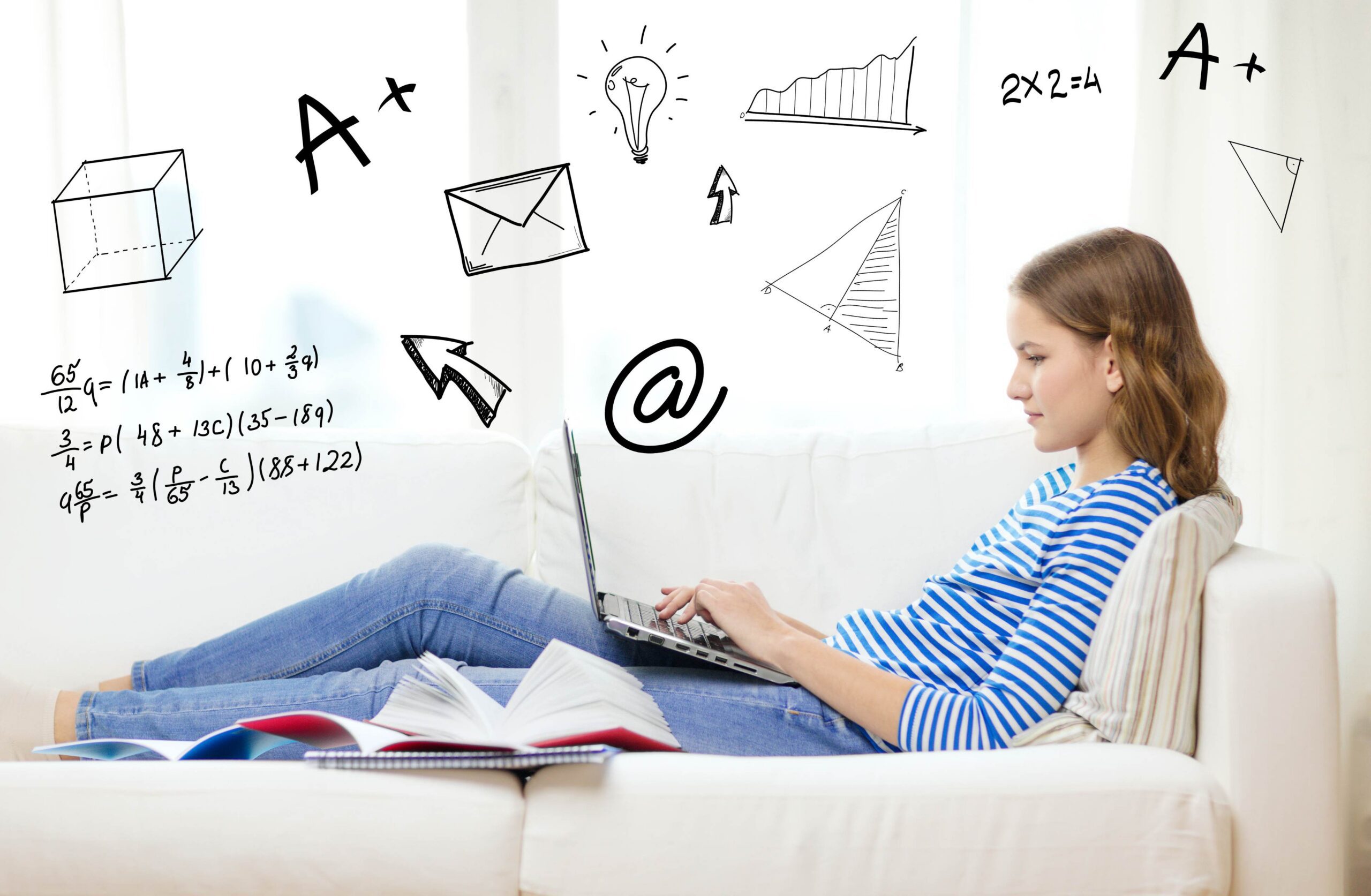 Teenage student studying online at home with a laptop and books