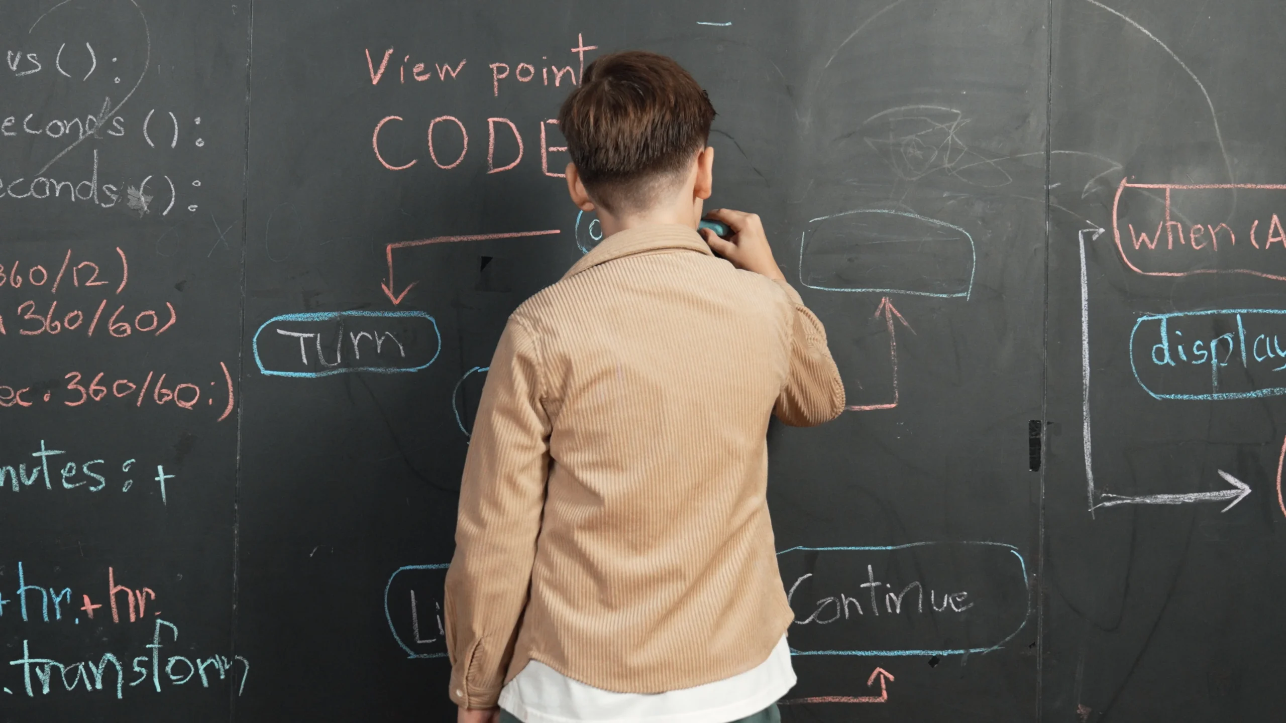 Student writing an engineering prompt on a blackboard